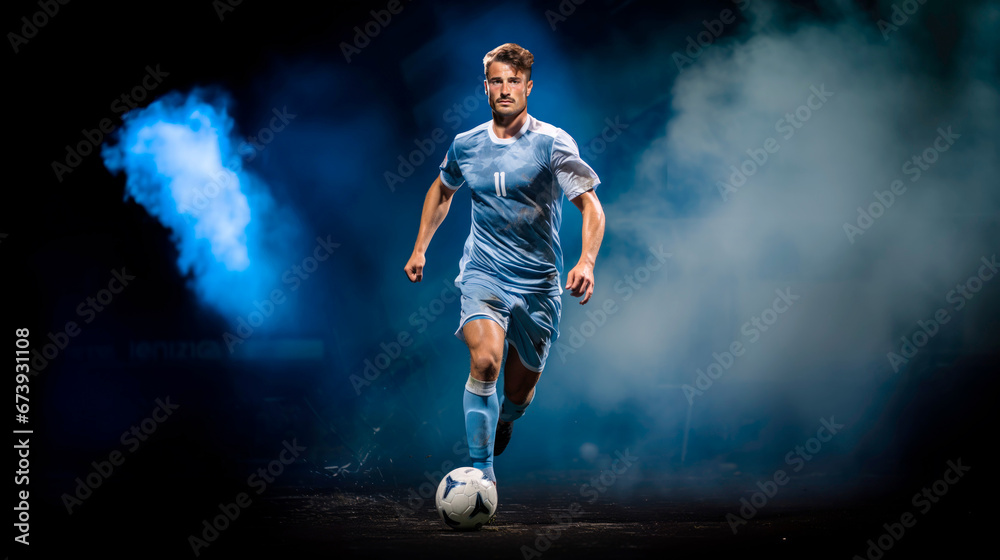 a soccer player in a blue sports uniform is kicking the ball with dark blue background with blue smoke