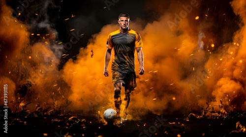 a soccer player in a black sports uniform is kicking the ball with dark blue background with blue smoke