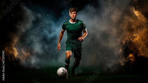 a soccer player in a green sports uniform is kicking the ball with dark blue background with blue smoke © StasySin