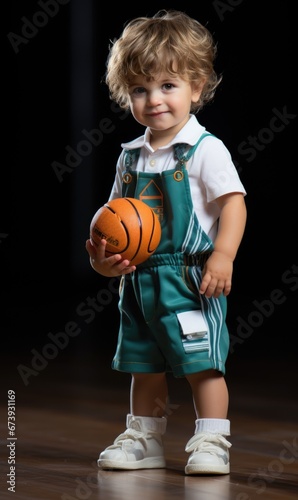Banner Portrait baby basketball player sportsman on black background with fog. In a green football uniform