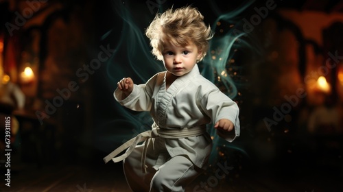 dynamic banner portrait of karate kid in uniform on black background with orange smoke photo