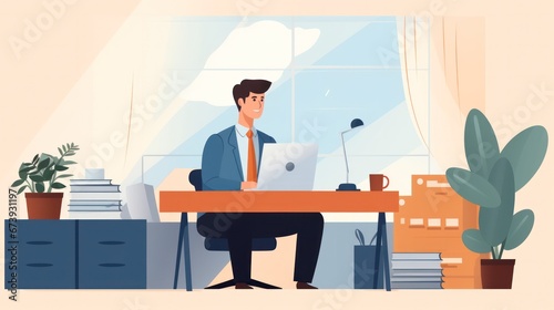 Businessman working with laptop at modern office, illustration