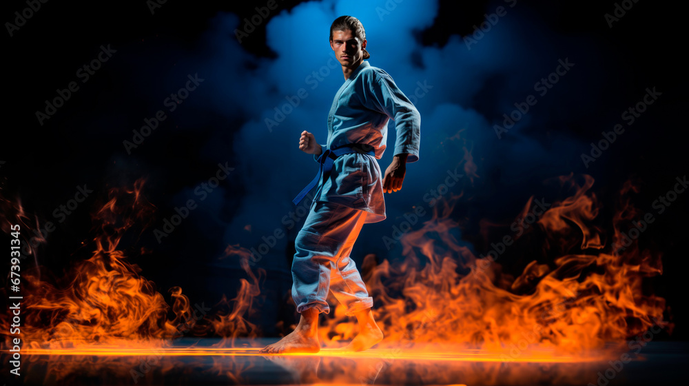 a Karate banner on a dynamic background with smoke and fire. Active sports. a Karate banner on a dynamic background with smoke and fire. Active sports.