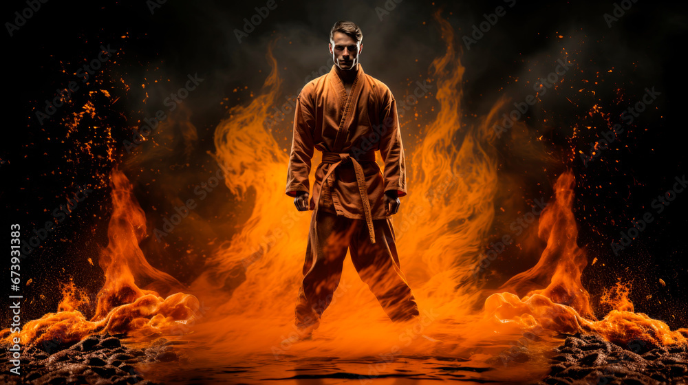 a Karate banner on a dynamic background with smoke and fire. Active sports. a Karate banner on a dynamic background with smoke and fire. Active sports.