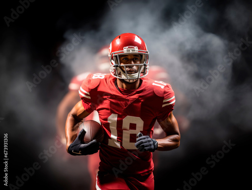 dynamic banner portrait of American football sportsman player in red uniform on black background with smoke