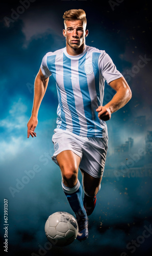 a soccer player in a blue sports uniform is kicking the ball with dark blue background with blue smoke © StasySin