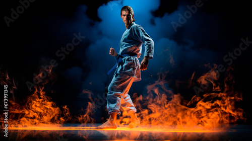 a Karate banner on a dynamic background with smoke and fire. Active sports.