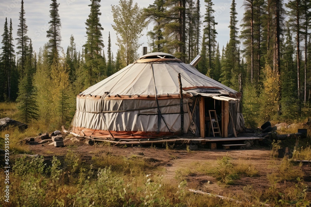 Round yurt in taiga nomadic lifestyle. Generative AI