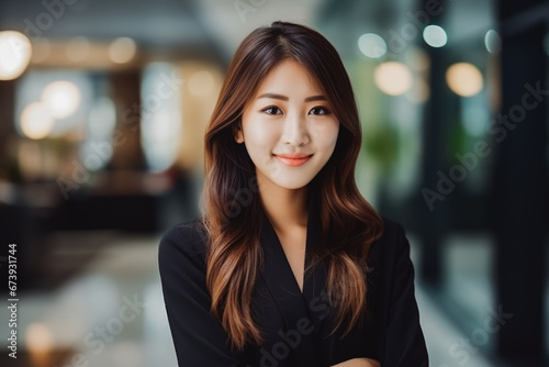 Asian business woman smiling at the camera. Portrait of confident young woman in a suit smiling at camera. Female business person portrait.