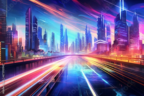 Dynamic cityscape with vibrant light trails and glossy neon gradients. Generative AI