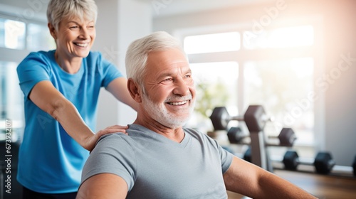 Physical therapist helpful senior patients to exercise