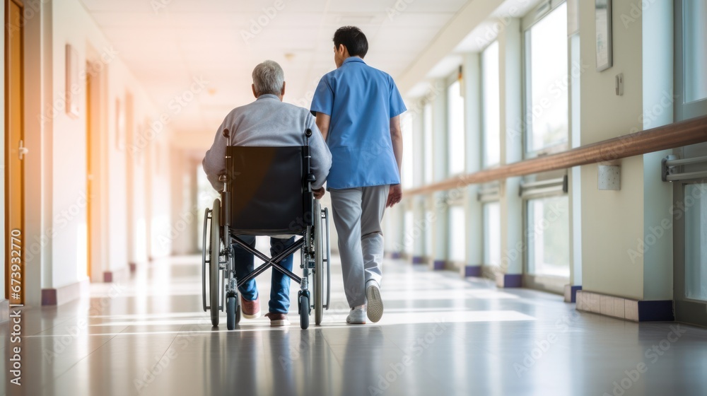 Medical person take care patients on Wheelchair at hospital corridor