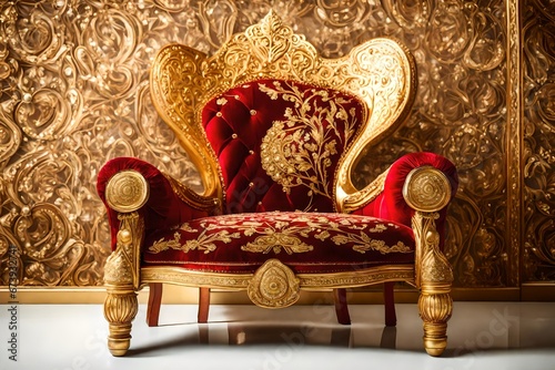 classic red and golden armchair in the room with golden design in background