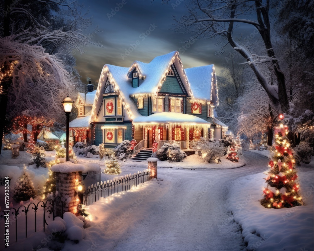 Charming Winter Christmas Village with Sparkling Commercial Lights: A Fairy Tale Setting of Joy and Delight!