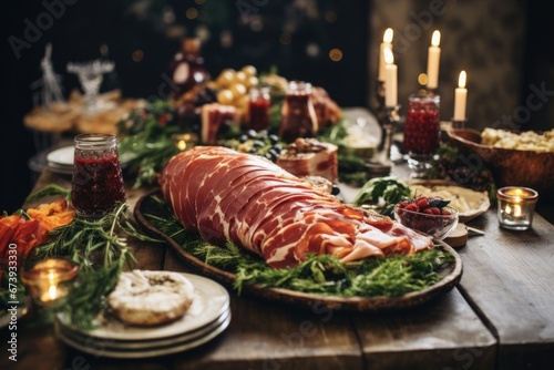 Authentic Italian Christmas Wedding Feast: Prosciutto Appetizers, Fresh Bread, and Exquisite Italian Delicacies © AIGen