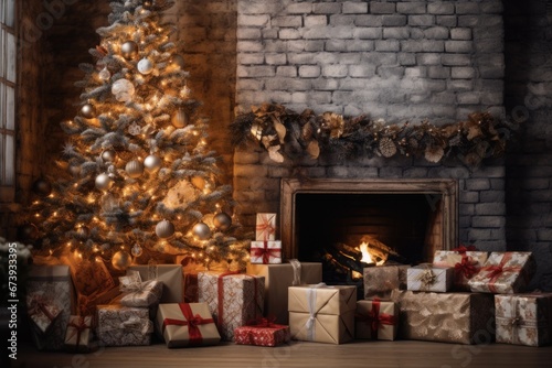 Christmas Gifts Under the Tree. New Year Home Interior. Festive Holiday Decoration with Cozy Winter Background.