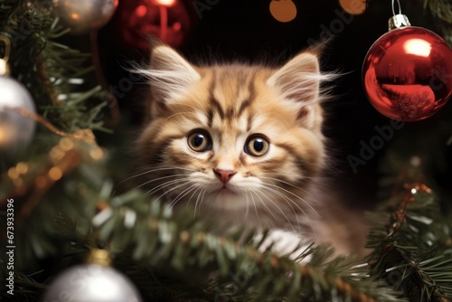 Cat Christmas Tree. Adorable Kitten Playfully Explores Festive Tree with Holiday Ornaments