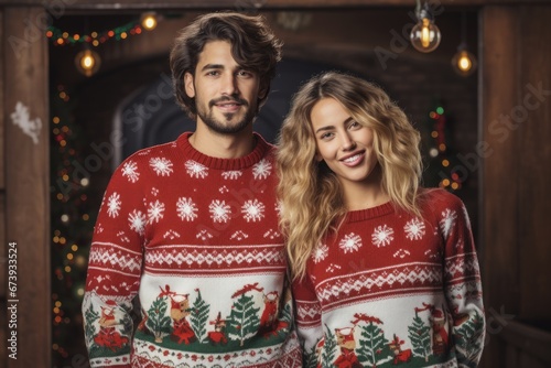 Attractive Couple Enjoying Christmas in Playful Ugly Sweaters: A Cheerful Celebration with Eye Contact