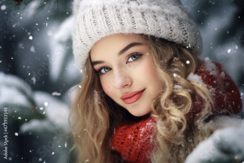 Beautiful Winter Skin. Closeup Portrait of a Happy Woman with Perfect Skin by the Christmas Tree