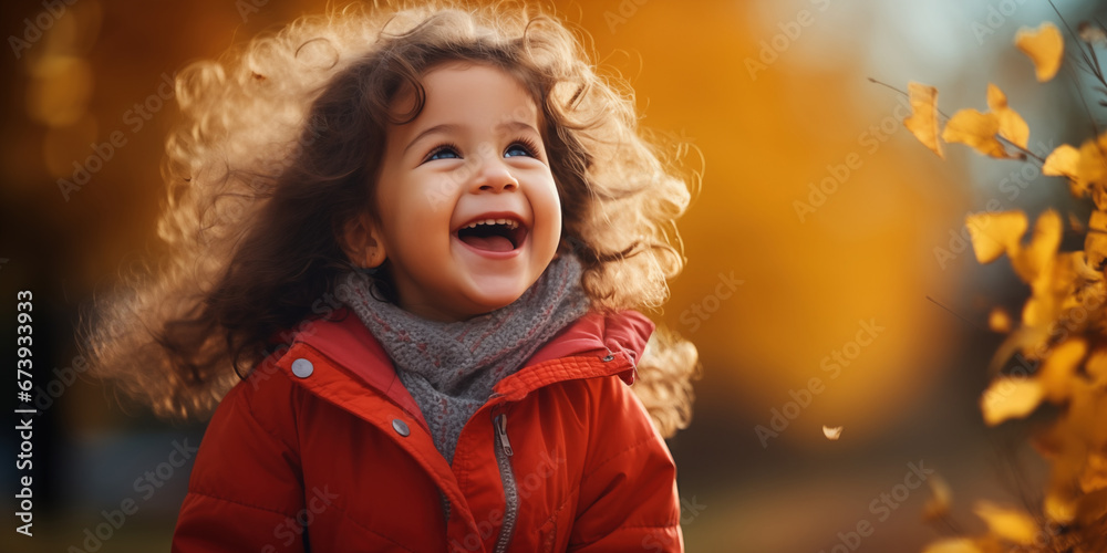 Happy little child, Baby girl laughing and playing in the autumn on on fall nature background, generative ai