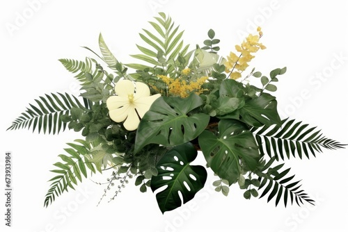 Tropical green leaves foliage plants bush, Monstera, fern and Eucalyptus leaves with gold glitter particles floral arrangement bunch for wedding and ceremony decoration, Generative AI