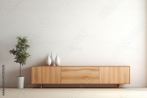 Interior mock up, contemporary style. Empty white wall in modern room. Copy space for your artwork, picture, poster. Apartment interior design. Wooden sideboard and indoor plant in pot. photo