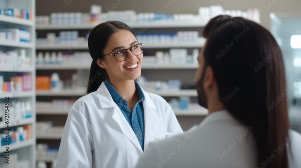 Fototapeta premium Pharmacist suggestion to customer about drugs at pharmacy store