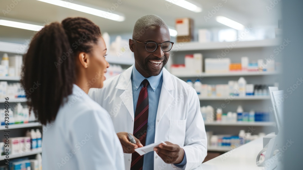 Pharmacist suggestion to customer about drugs at pharmacy store Pharmacist suggestion to customer about drugs at pharmacy store