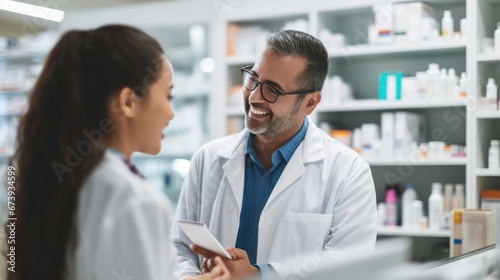 Pharmacist suggestion to customer about drugs at pharmacy store