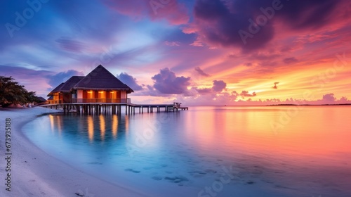 Magnificent sunset panorama in Maldives. Beautiful twilight sky and colorful clouds. Beautiful beach background for vacation.