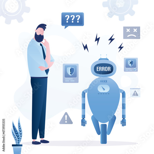 Broken android, AI with virus or code mistakes. dissatisfied user or businessman. Chatbot error. Assistant, chat bot, artificial intelligence doing mistakes