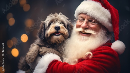 a santa clause is hugging a dog, bokeh panorama, lively facial expressions, realistic