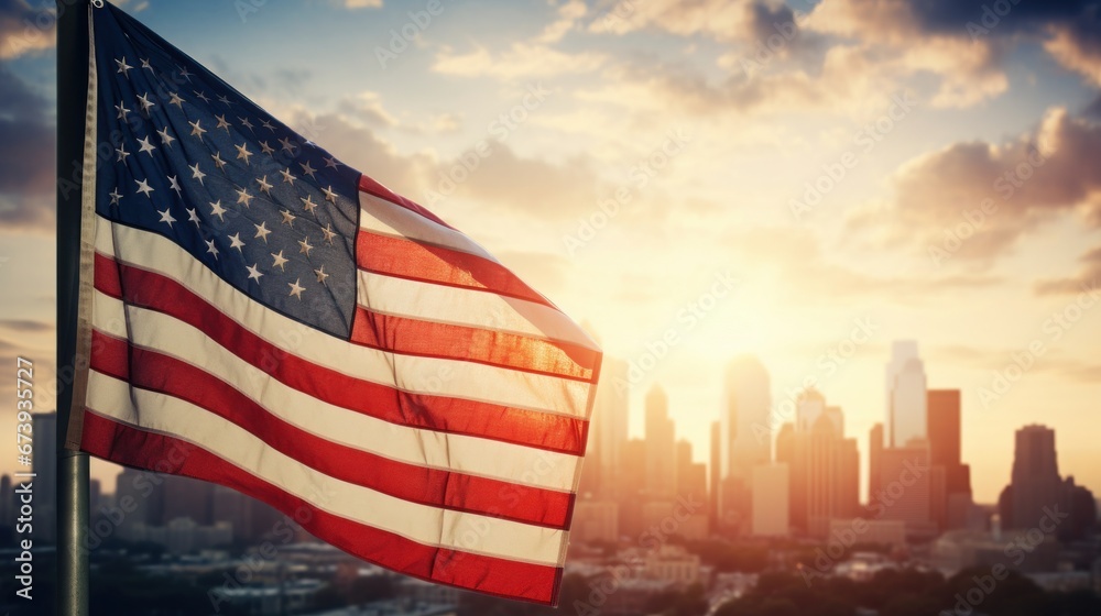 American flag waving in the wind on bright sunny day with San Francisco cityscape in the background.