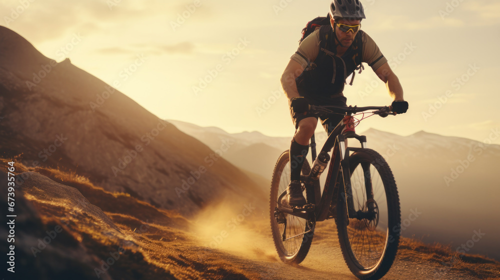 Cyclist Riding the Bike Down the Rock at Sunrise in the Beautiful Mountains on the Background. Extreme Sport and Enduro Biking Concept. Cyclist Riding the Bike Down the Rock at Sunrise in the Beautiful Mountains on the Background. Extreme Sport and Enduro Biking Concept.