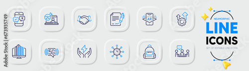 People chatting, Signing document and Backpack line icons for web app. Pack of Handshake, Phone survey, Enterprise pictogram icons. Safe energy, Online chemistry, Augmented reality signs. Vector