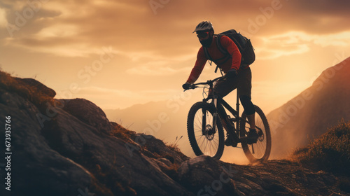 Cyclist Riding the Bike Down the Rock at Sunrise in the Beautiful Mountains on the Background. Extreme Sport and Enduro Biking Concept. © PaulShlykov