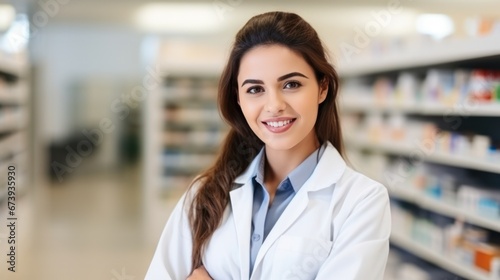 Smiling of pharmacist and drugs working at pharmacy store