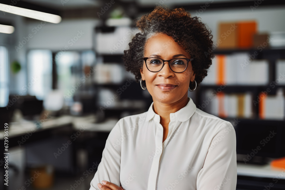 Obraz premium Senior black business woman smiling at the camera. Portrait of confident happy older woman in a suit smiling at camera. Business concept.