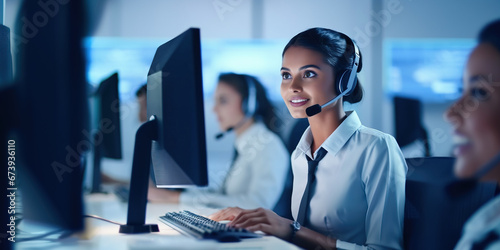 Smiling indian ethnicity call center  representative taking phone calls, support hotline woman, tech support specialist online photo