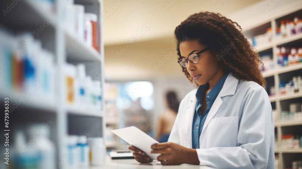Females pharmacist checking stock drugs at pharmacy store - obrazy, fototapety, plakaty 