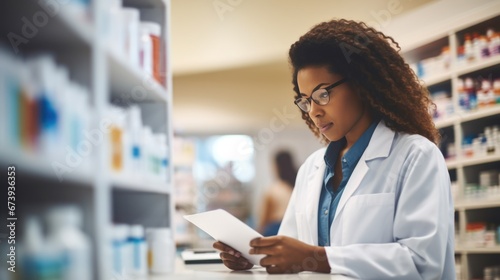 Females pharmacist checking stock drugs at pharmacy store photo