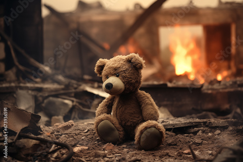 War children tragedy concept - sad teddy bear left in ruins of house destroyed at war