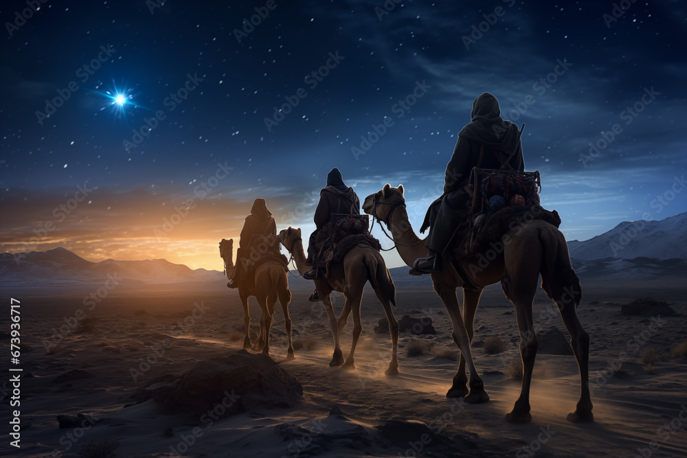 Three Wise Men, Three Kings follow Bethlehem star in the night - obrazy, fototapety, plakaty 