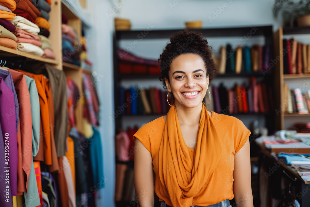 Ethnic small business owner smiling cheerfully in her shop. Portrait of proud female shop owner in front of stacked shelves. Ethnic small business owner smiling cheerfully in her shop. Portrait of proud female shop owner in front of stacked shelves.