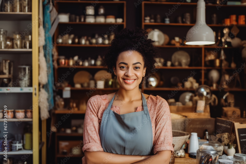 Ethnic small business owner smiling cheerfully in her shop. Portrait of proud female shop owner in front of stacked shelves.