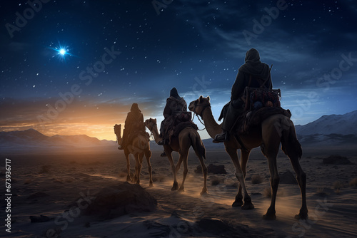 Three Wise Men, Three Kings follow Bethlehem star in the night photo