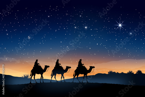 Christmas Jesus birth concept - Adoration of the Magi  Three Wise Men  Three Kings  and the Three biblical Magi with camel silhouettes journeying in sand dunes of desert follow Bethlehem star at night