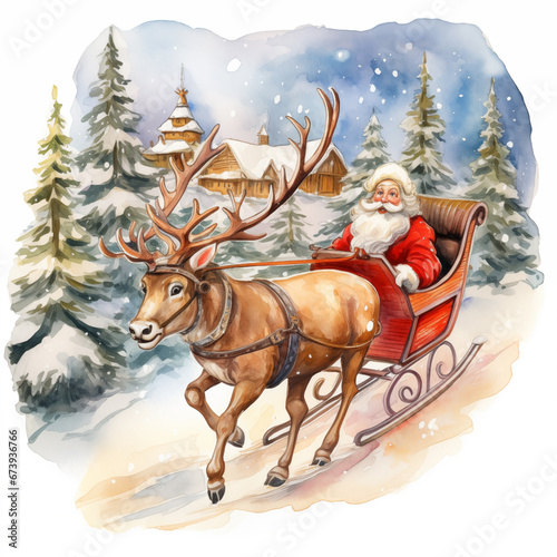 A watercolor drawing illustration of Santa Claus sleigh ride with reindeer  in the style of children s book illustration. The image captures the magic and whimsy of Christmas