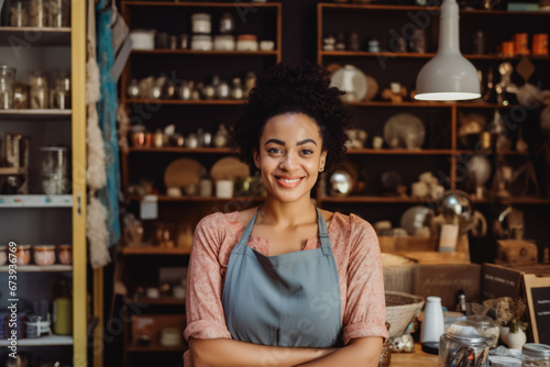 Ethnic small business owner smiling cheerfully in her shop. Portrait of proud female shop owner in front of stacked shelves.