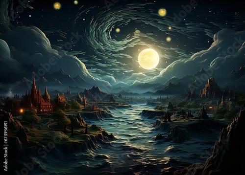 landscape with moon and stars